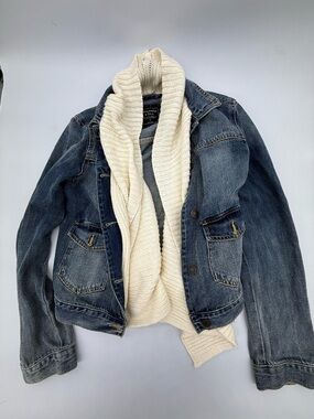 Y2K Abercrombie & Fitch Denim Jean Jacket with Cream Knit Shawl Collar